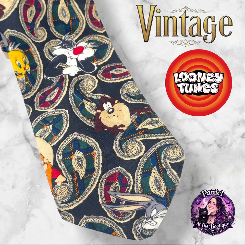 Looney Tunes Mania Necktie Mens Black Paisley 1994 Vintage Bugs Taz 90s Fashion